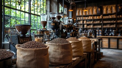 Fototapeta premium A warm, inviting coffee roasting workshop setting, featuring various roasting equipment and bags of green coffee beans ready for transformation.