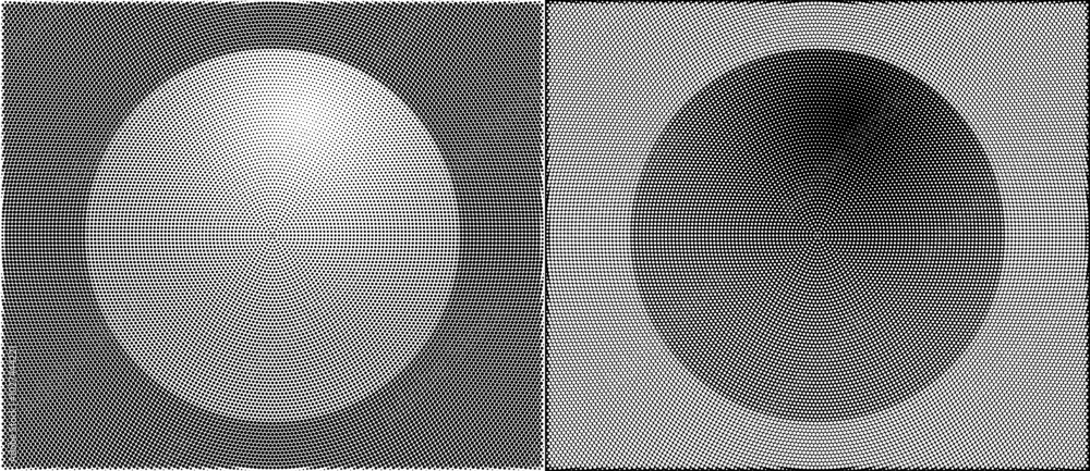 Poster Halftone circle with gradient as background. Abstract vector circle  with dots. Black dots on a white background and the same white dots on the black side.