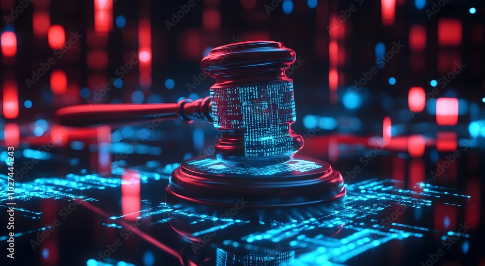 Aufkleber a goblet on digital data representing the court system in cyber law. the background is dark with bri