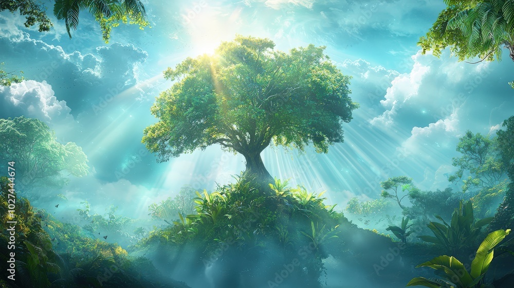 Poster a close-up image of a tree in a lush rainforest, symbolizing the vitality and interconnectedness of 