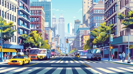 Obraz premium A colorful illustration of a city street with tall buildings and yellow cabs.