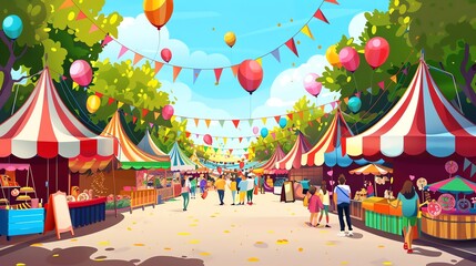 A cartoon illustration of a street fair with colorful tents, balloons, and people.