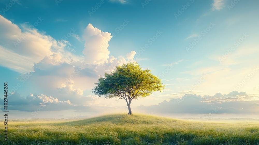 Poster a close-up of a single tree standing tall in the middle of a vast , with long grasses beneath it and