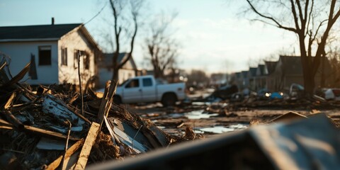 Image shows a neighborhood devastated by a natural disaster, with debris and destruction visible, setting a somber and poignant tone of chaos and loss.