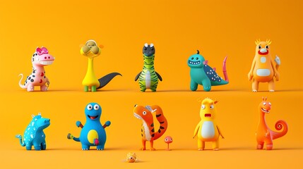 A collection of cartoon monsters on an orange background.