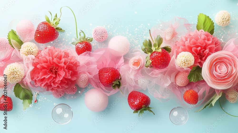 Poster a modern, vibrant background combining juicy strawberries and abstract soft sculptures, blending tex