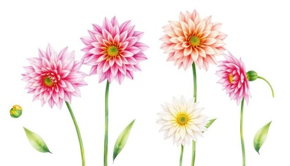 Fototapeta premium Set of dahlia flowers on isolated white background, watercolor botanical painting AI Generate