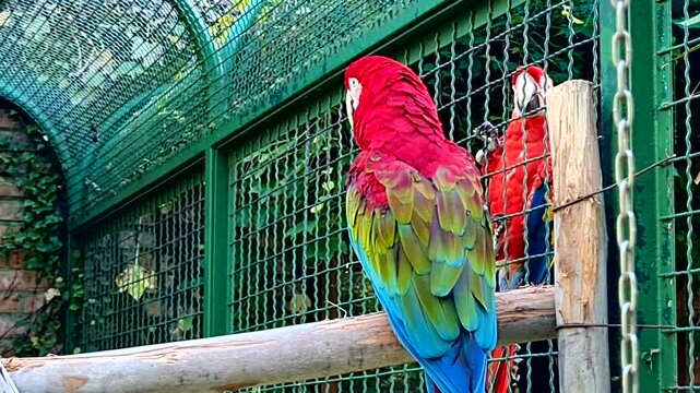 Ara parrot sits on a perch in an aviary