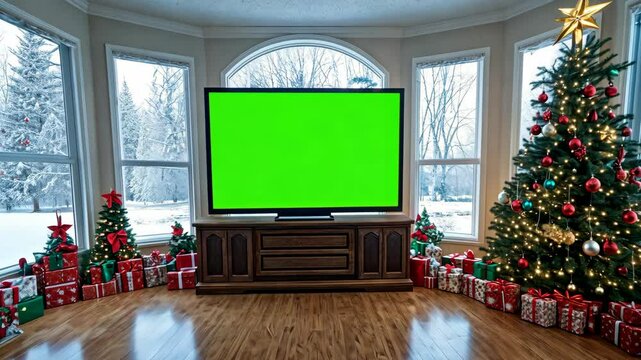 A festive living room with a green screen TV with Christmas trees, presents, and stockings.