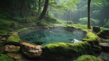 A serene natural hot spring surrounded by lush greenery and mist, perfect for relaxation and rejuvenation.