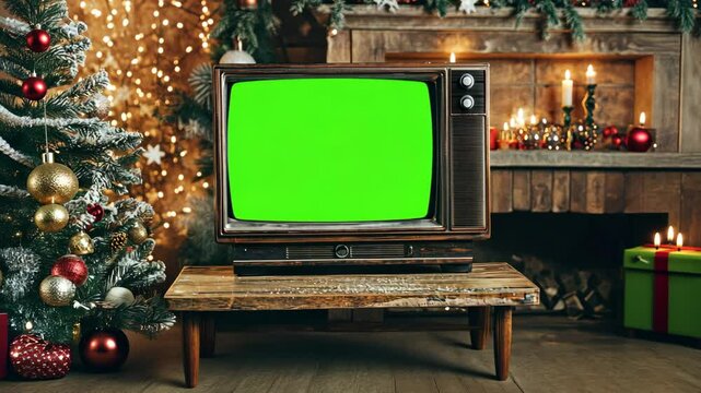 Set up a vintage television with a green screen for holiday project.