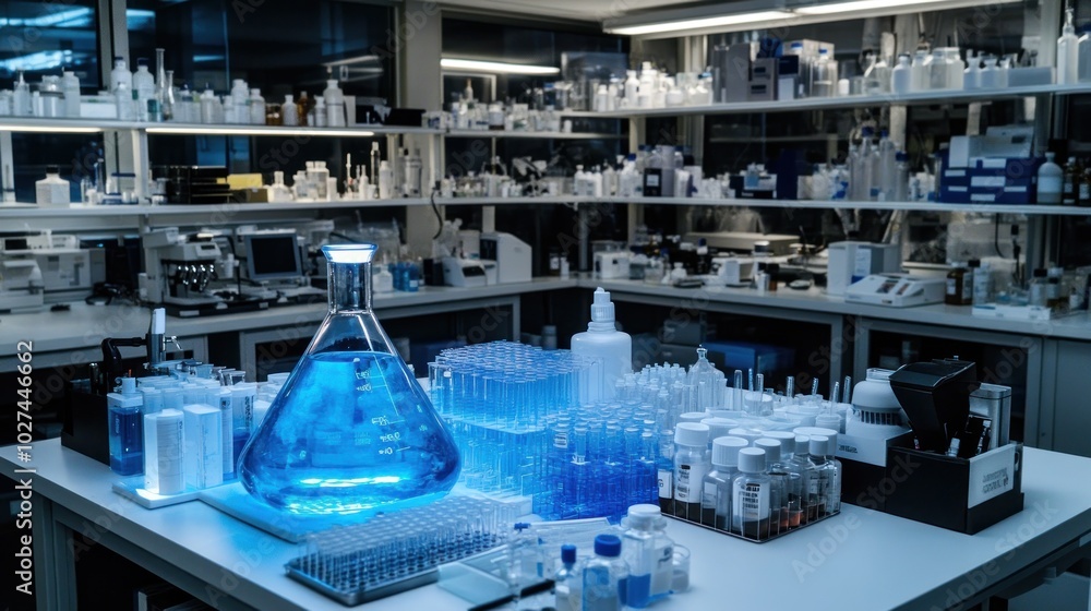 Poster Blue Liquid in Erlenmeyer Flask on a Lab Table with Test Tubes and Other Lab Equipment