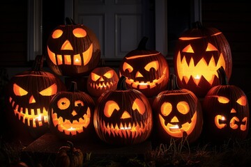 A group of pumpkins with their eyes open and mouths wide open, creating a spooky
