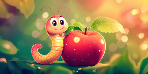 A cartoonish red apple with a green leaf on top