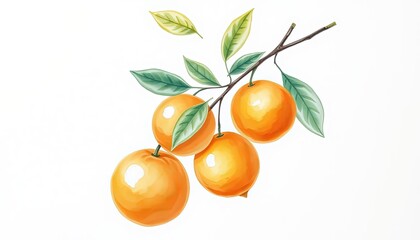 Watercolor illustration: branch of orange, mandarin, lemon on isolated white background, botanical painting AI Generate