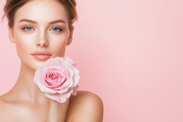 Naklejka premium A beautiful woman showcasing an organic beauty routine with skincare products amidst roses against a solid pink background