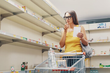 Desperate woman and empty supermarket shelves