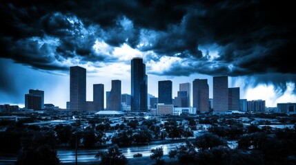 Fototapeta premium Stormy Cityscape: Dramatic Skyline Under Ominous Clouds