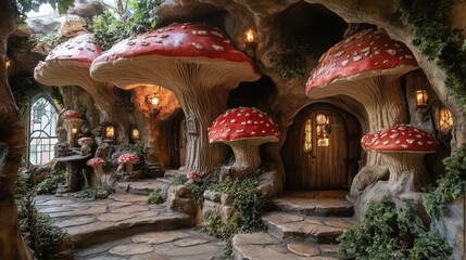 A whimsical, fairy-tale-like entrance to a magical world, featuring large, red-and-white mushrooms, a stone path, and wooden doors.