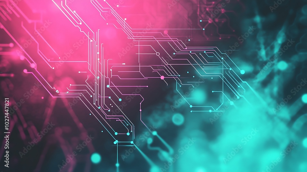 Poster Abstract background with pink and blue neon lights and circuit board pattern.