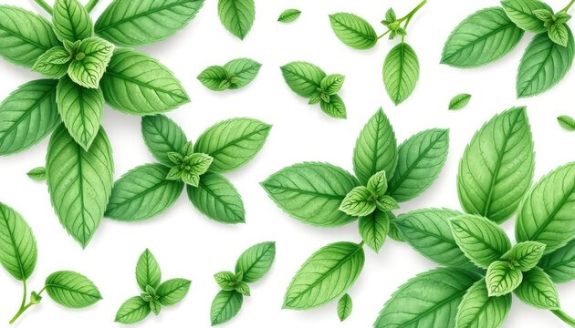 Set of mint leaves on isolated white background, watercolor illustration, herbs digital clip art AI Generate