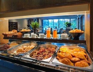 Un buffet de desayuno en un hotel de cuatro estrellas, con una amplia variedad de opciones, dispuesto de manera ordenada y apetecible.