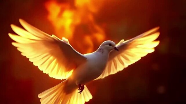  Bright Fire White Dove in Sky Digital Animation. Angel wing glistening in sunlight, close-up Descent of the Holy Spirit
