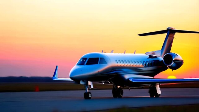 Private Jet on Runway at Sunset