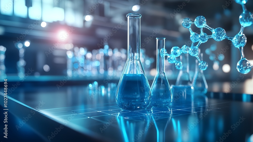 Poster virtual science lab with molecular simulations and futuristic chemical experiments