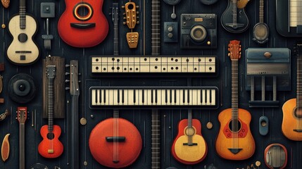 A dark wood background filled with musical instruments like guitars, keyboards, drums, and microphones.