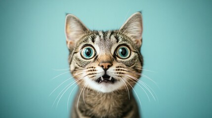 Obraz premium Close-up portrait of a tabby cat with big blue eyes looking at the camera with a surprised expression against a blue background.