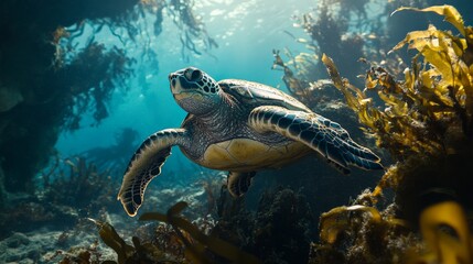 Fototapeta premium Majestic Sea Turtle Swimming in the Vibrant Coral Reef