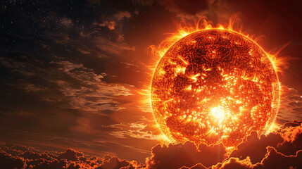 Sun star surface with flares close up.