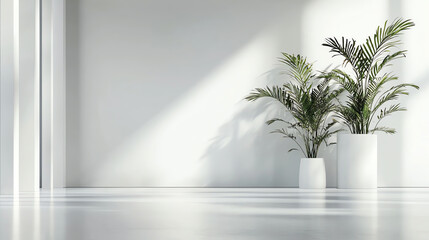 Fototapeta premium Modern indoor space with potted plants on minimalistic white background.