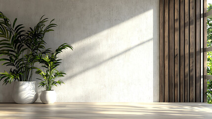 Modern interior design with potted plants and natural light streaming through window.