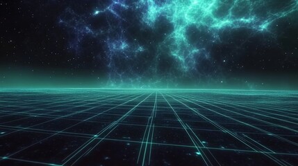 Futuristic Spatial Grid and Cosmic Nebula
