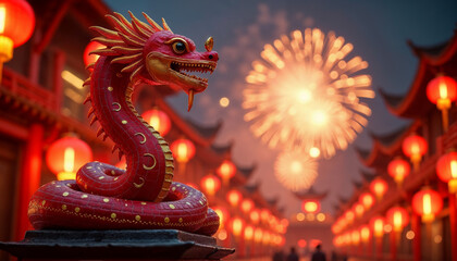 Fototapeta premium Red snake statue celebrating chinese new year with fireworks in background