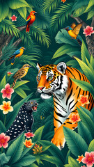 Obraz premium Jungle, tropical illustration. tiger, panther, birds, palm trees, flowers. safari wild african animals. amazon forest animal illustration on wallpaper for kids room, interior design. Generative AI