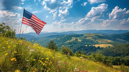 Vibrant usa themed greeting card backdrop featuring waving american flag and scenic landscape