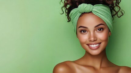 A young American woman smiles with a light green background, showcasing her fresh skin and beauty routine in a spa-like setting