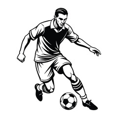Naklejka premium Vector illustration of a football player mid-dribble, focusing on footwork and movement. Smooth, clean lines perfect for sports apparel and products.
