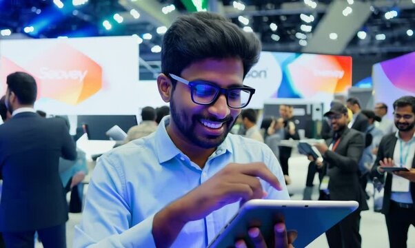 Indian Man Testing Software Features at Tech Conference