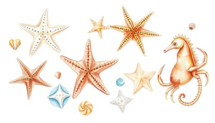 Watercolor starfish, shells, crabs, seahorse on isolated white background, hand drawing AI Generate