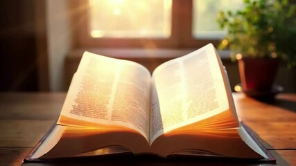 Magical book with glowing pages and floating symbols. magic book with lights, religious book - Powered by Adobe