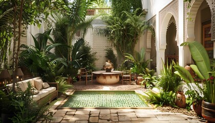 Fototapeta premium Luxury villa garden with fountains and tropical plants