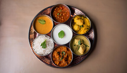 Indian Thali Platter with Curry  Rice  and Raita