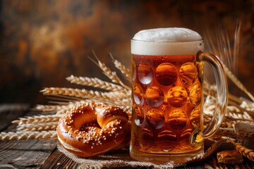 A mug of beer sits on a wooden table next to a bagel and a jar