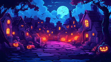 A Charming and Sparkling Halloween Landscape in Cartoon Style with Adorable Decor