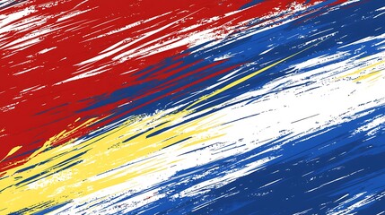Fototapeta premium Abstract background with red, blue, yellow, and white diagonal brushstrokes.