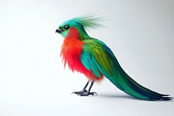 Fototapeta premium Vibrant Green and Red Bird with Long Tail Feathers on White Background